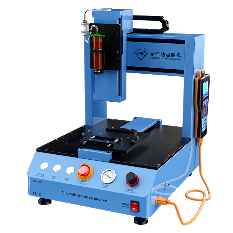 Automatische Klebstoffauftragsmaschine TBK 983B mit 0,02 mm hoher Präzision, programmierbarer Bahnsteuerung und einstellbarer Geschwindigkeit für die Reparatur von Elektronik und Bildschirmen. 2