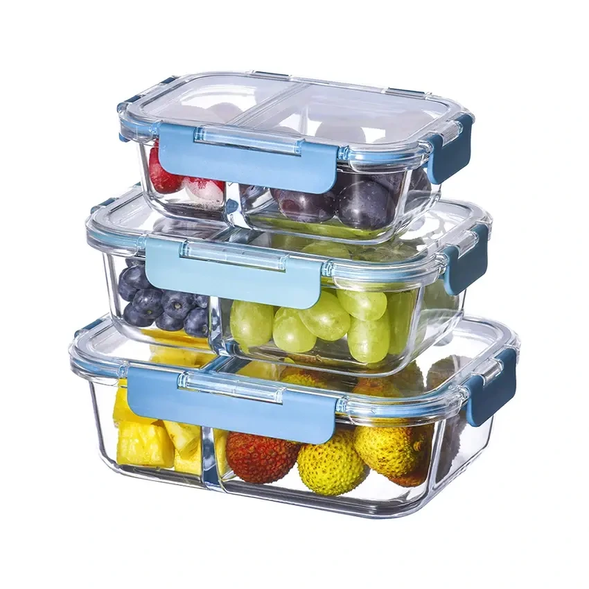 Caja Bento de vidrio, recipientes para preparación de comidas, 3 compartimentos, recipientes de vidrio para almacenamiento de alimentos con tapas, tazones de preparación de comida, almuerzo de vidrio 1
