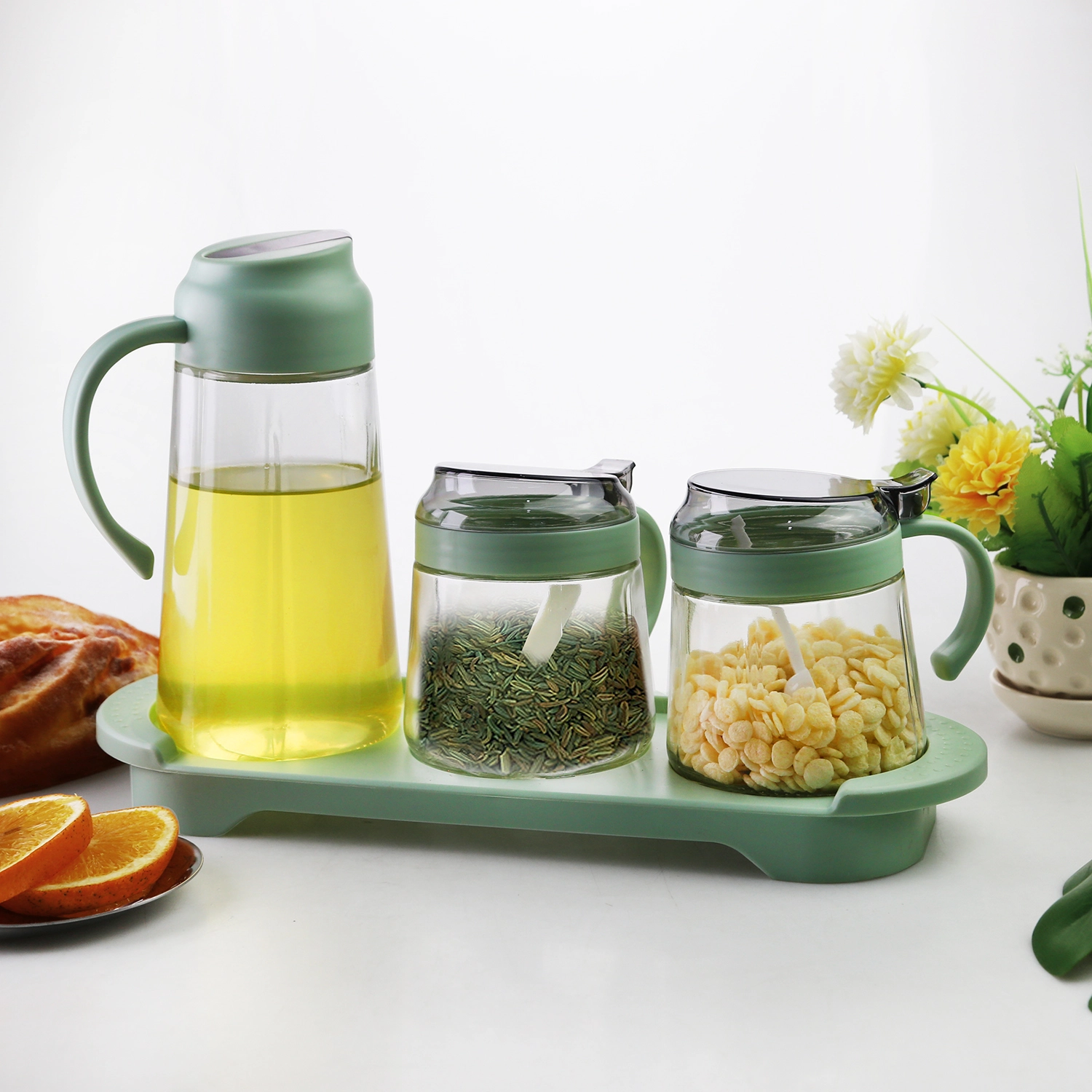Green Seasoning Dispenser Γυάλινα βάζα μπαχαρικών με πλαστικό δίσκο τοποθέτησης θαλασσινό αλάτι Γυάλινα βάζα κύμινο γυάλινα βάζα 1