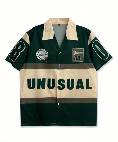 Men's Four-Way Stretch Letter Print Colorblock Short Sleeve Casual Summer Shirt 1