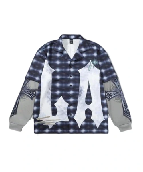 Men's Letter Print Mock Layer Long Sleeve Button-Up Shirt 1