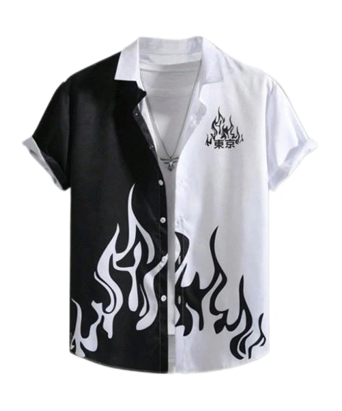 Men Fire & Letter Graphic Two Tone Shirt, School 1