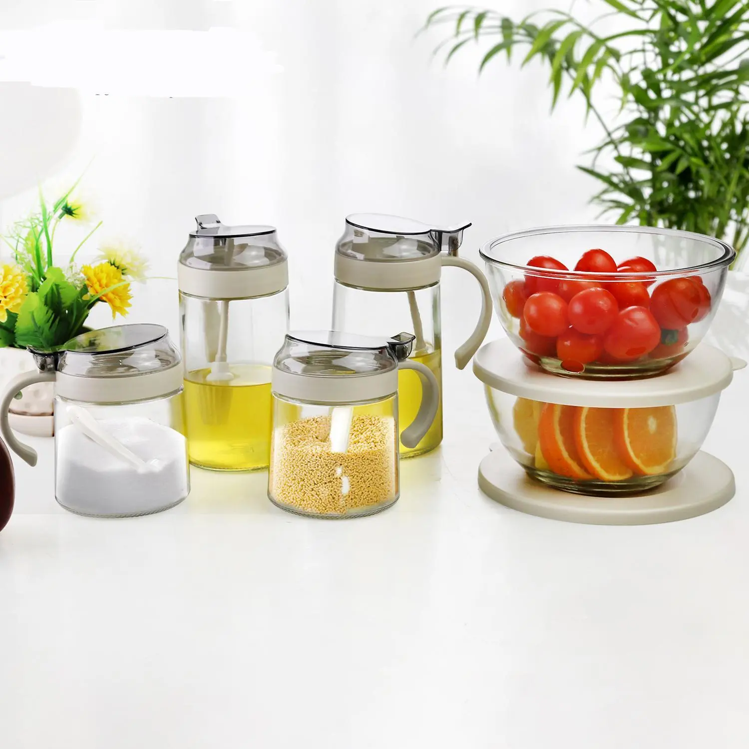 Conjunto de pote de especiarias de vidro doméstico barato Jarra de óleo de vidro Salada de vidro 1