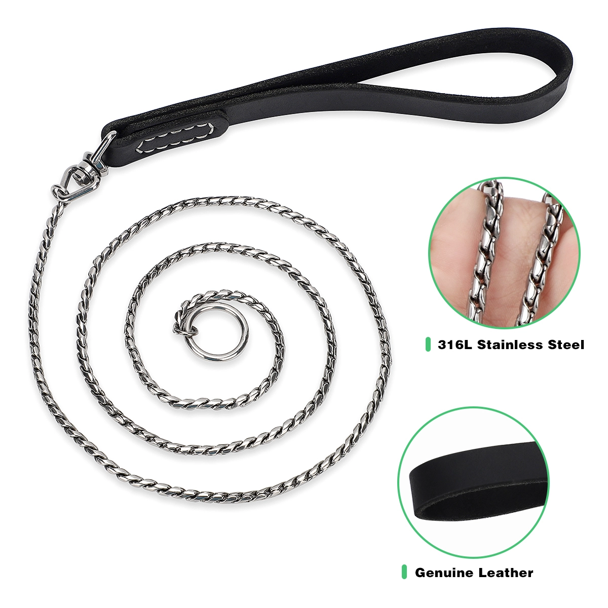 Collier pour chien intégré en acier inoxydable de 3 pieds, 4 pieds avec poignée en cuir PSP-1020 1