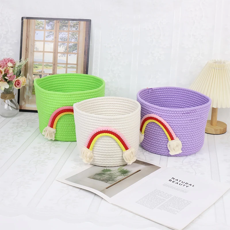 Cotton Rope Basket cylindrical shape   basket body with rainbow shape decoration   Basket Gem 1