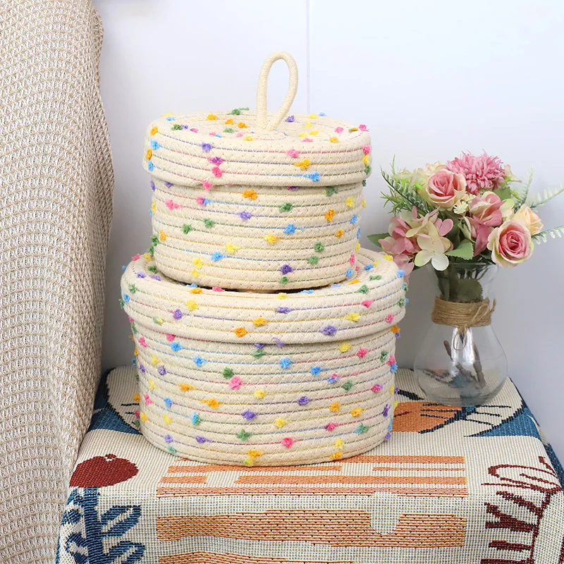 Cotton Rope Basket basket body with colorful points decoration    with cover design 1