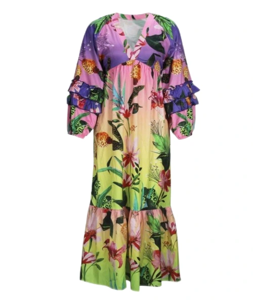 Large V-Neck Long Sleeve Printed Long Dress 1