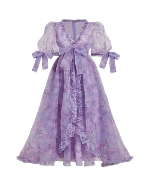 Purple Flower And Puppy Print Gorgeous Dress With Bows On Sleeves And Above Waist Front Ruffled Dress, Party Dress, Birthday Dress 1
