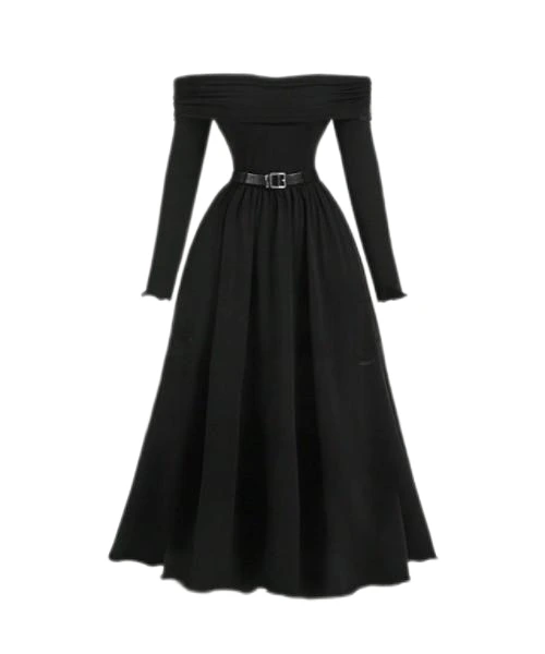 Vestido negro con hombros descubiertos y cinturón de mujer de color negro 1