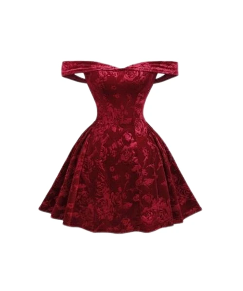 Women's Off-Shoulder Mini Dress, Velvet Fit & Flare Silhouette, Christmas Party, Back Open, Sexy Red Print Pattern For New Year Clothes 1