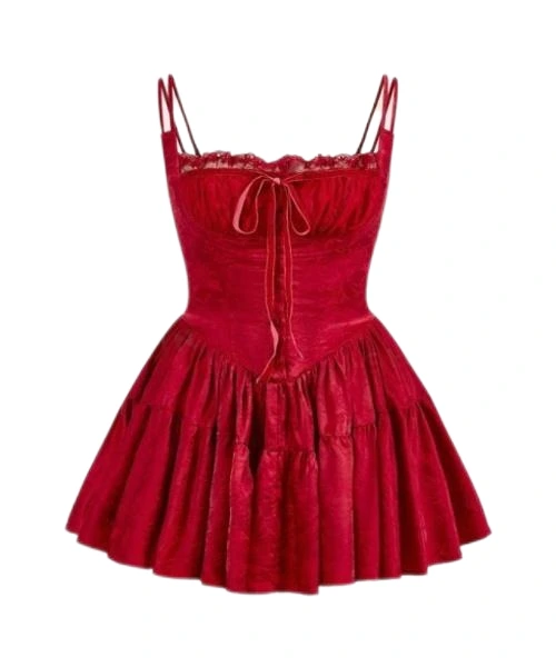 Women's Ballet Bow Coquette Contrast Lace Ruffle Hem Short Vintage Flowy Red Dress 1