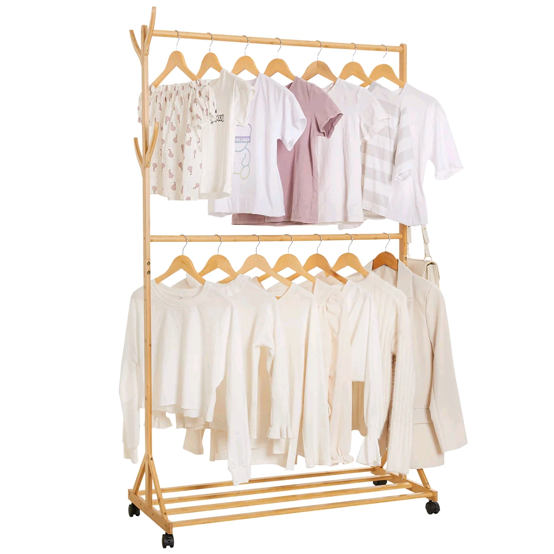 Bamboo Clothes Rack with Wheels and Shoes Storage for Bedroom Entryway 1