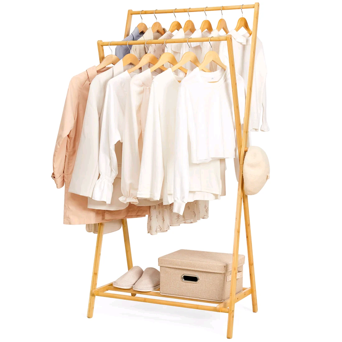 Perchero de bambú ajustable con ganchos para ropa y almacenamiento de zapatos para la entrada del dormitorio 1