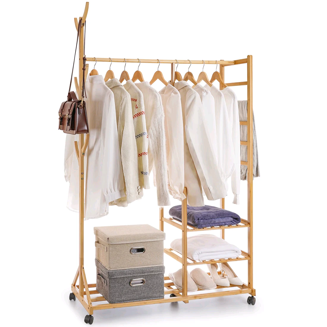Eco-Friendly Bamboo Clothes Rack with Wheels and Coat Hook and Shoe Clothes Storage Shelves 1