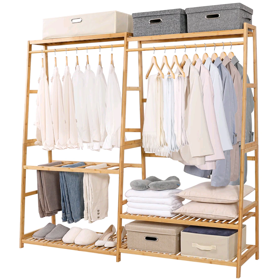Eco-Friendly Bamboo Clothes Rack with 5 Shelves and Two Clothes Rails for Entryway Bathroom 1