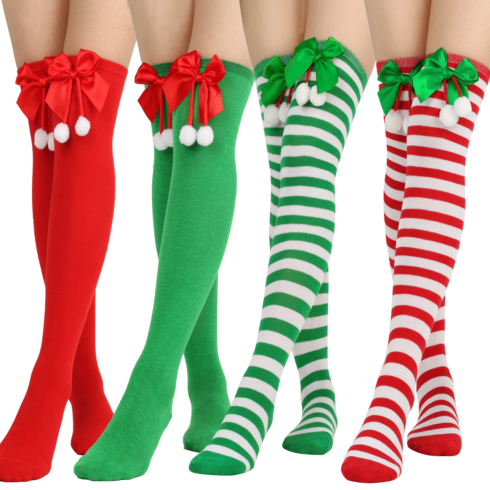 New butterfly knot Christmas socks women's long tube holiday striped stockings 2