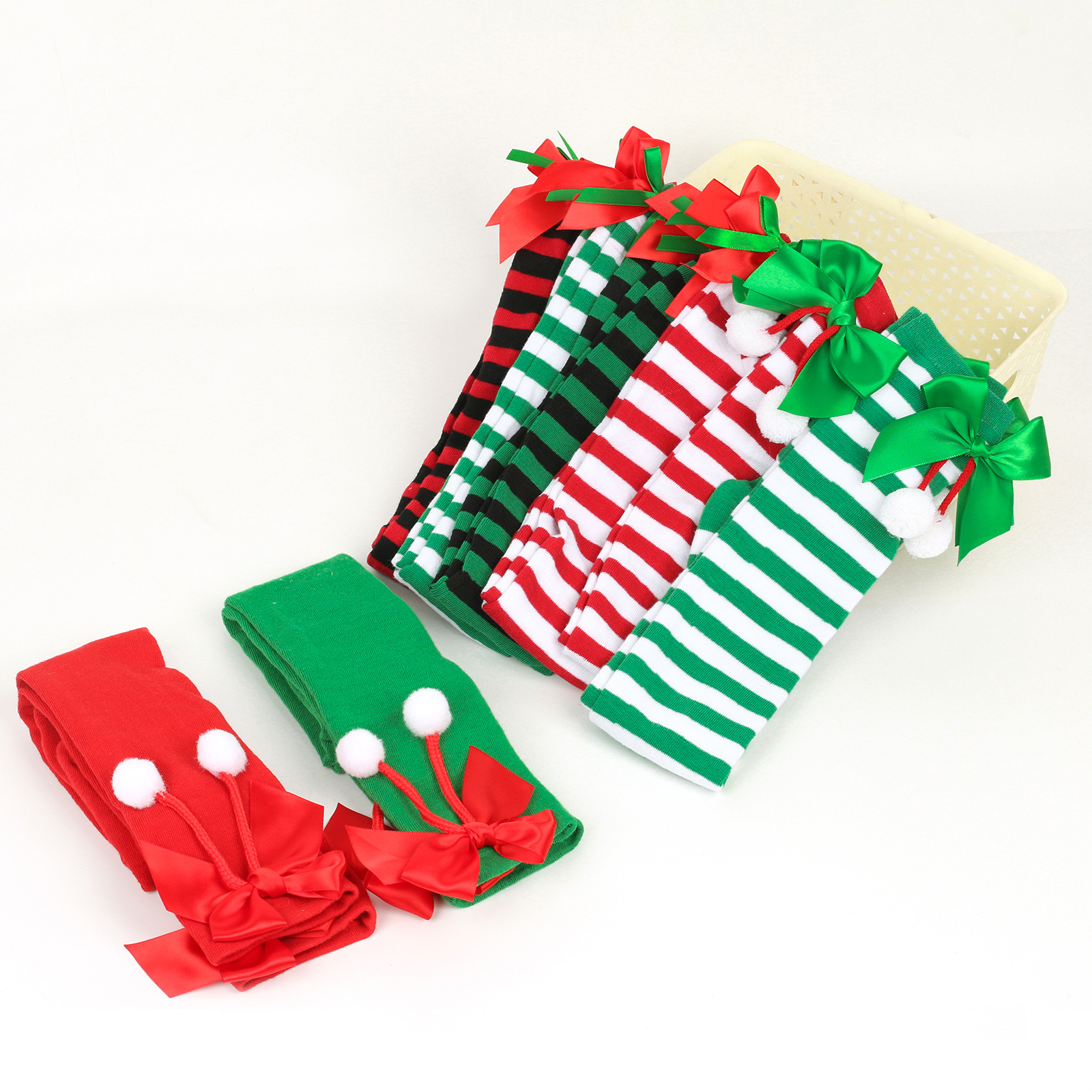 New butterfly knot Christmas socks women's long tube holiday striped stockings 11
