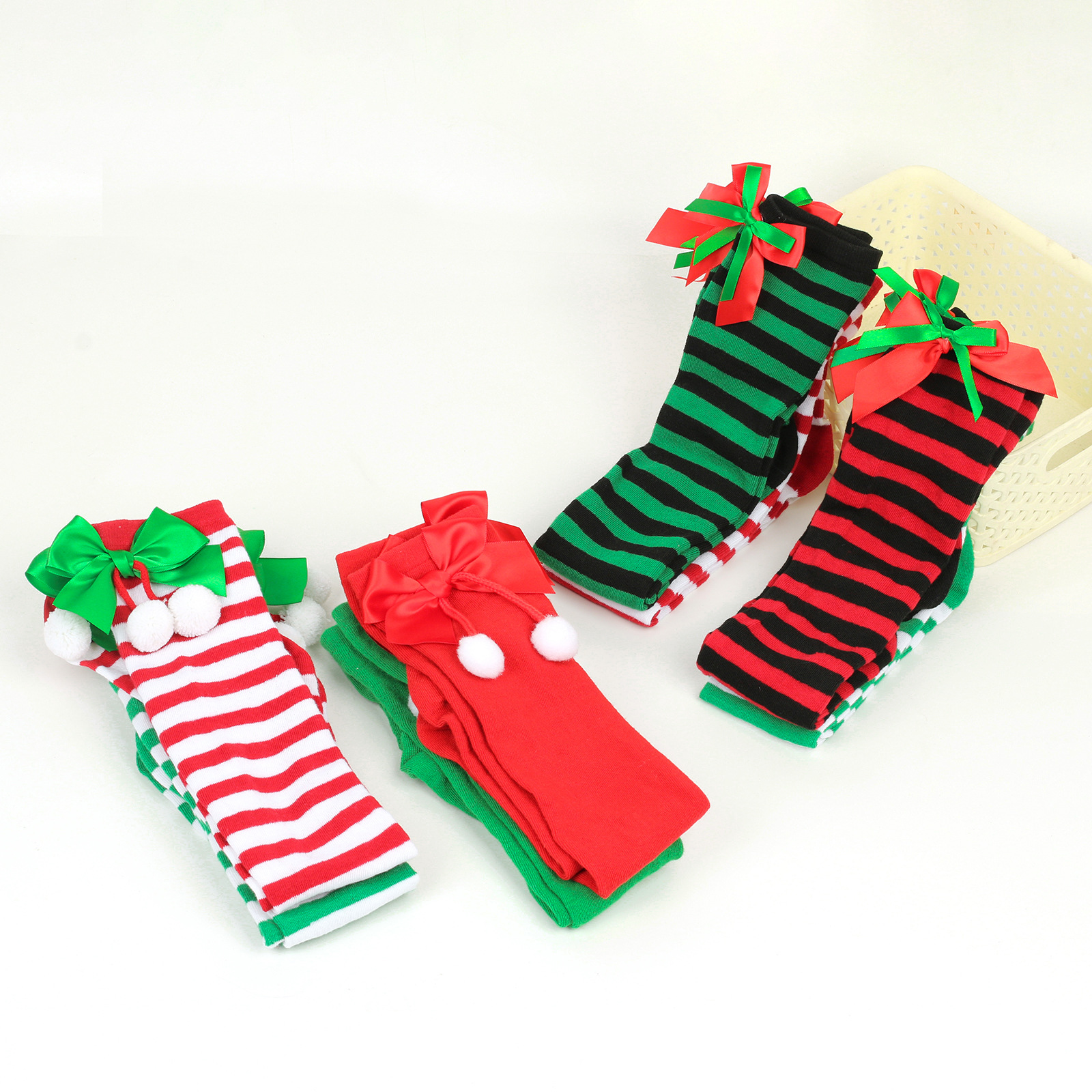 New butterfly knot Christmas socks women's long tube holiday striped stockings 10