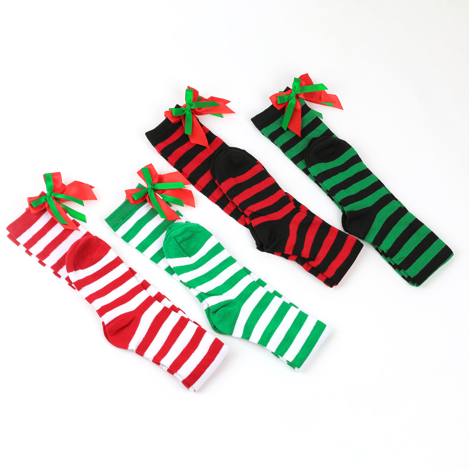 New butterfly knot Christmas socks women's long tube holiday striped stockings 9