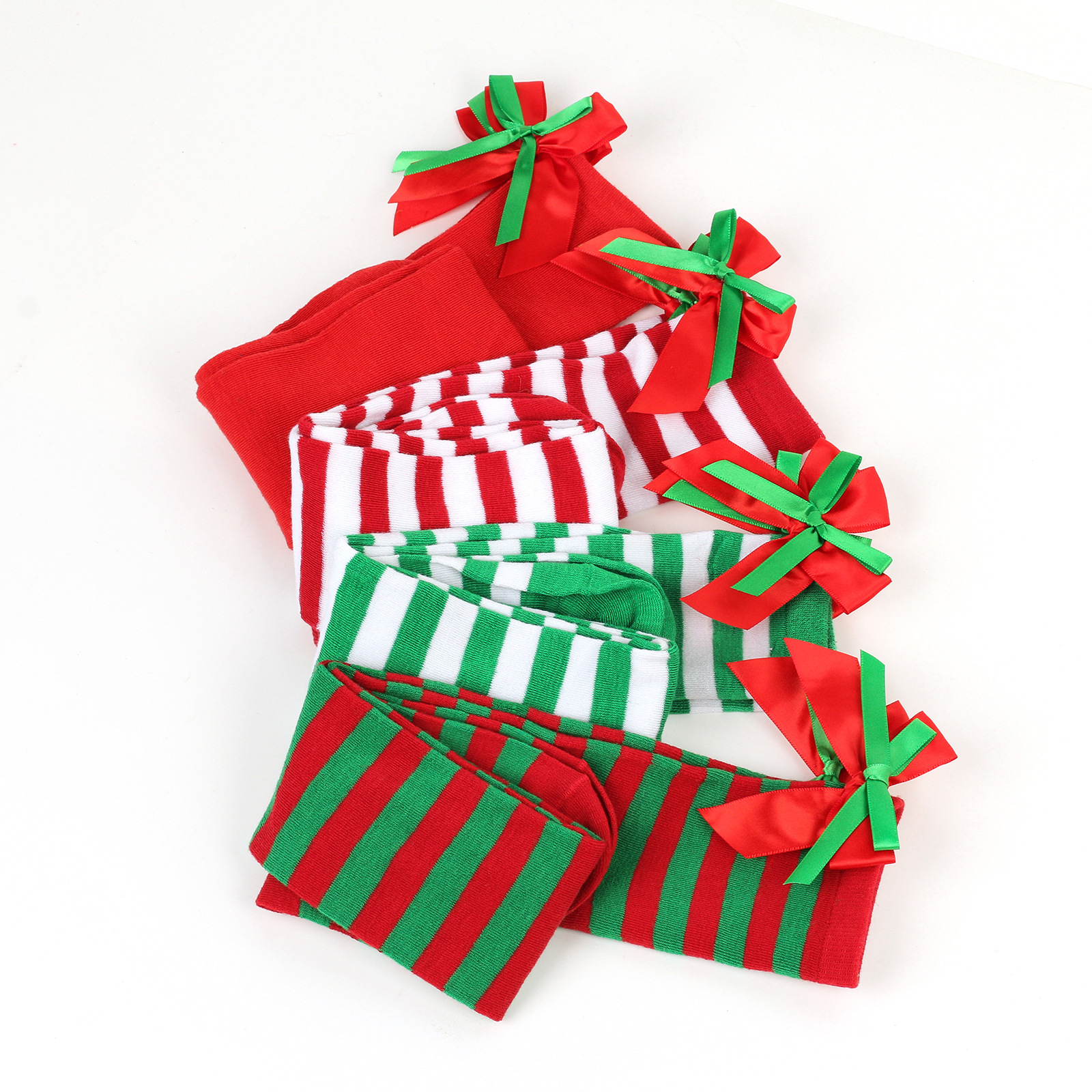 New butterfly knot Christmas socks women's long tube holiday striped stockings 7