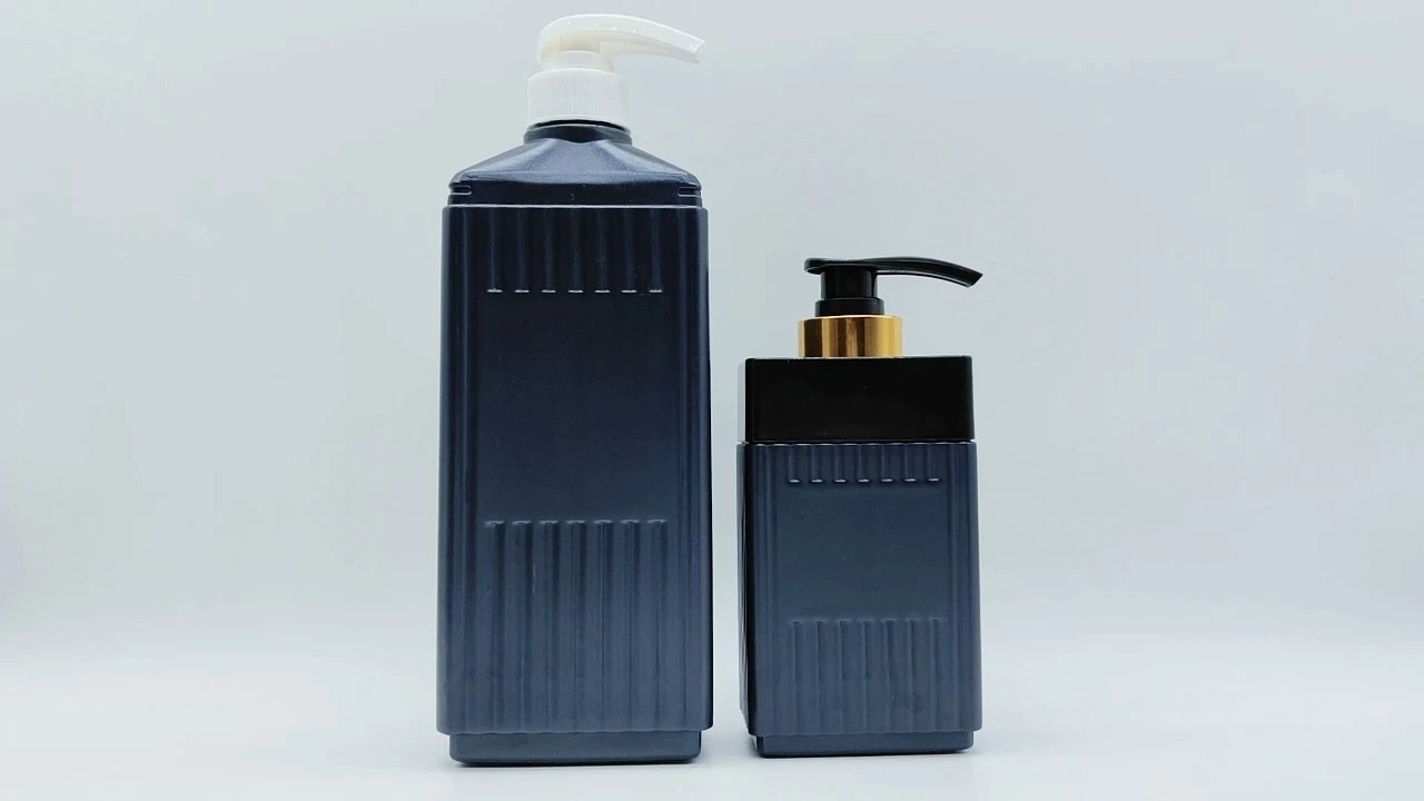 Glamorous 750ml/350ml matte black PE shampoo conditioner bottle for men's skin care packaging 1