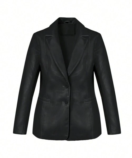 Woman's Faux Leather PU Blazer Open Front Business Casual Jacket Mid-Length Fall Fashion Coat With Pockets 1