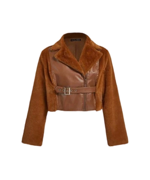 Abrigo vintage para mujer con contraste de cuero mullido y PU, cierre de botón de metal, cuello alto, otoño invierno, térmico, abrigo de mujer de invierno 1
