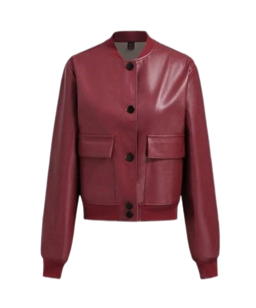 Chaqueta regular de mujer casual simple de cuero PU burdeos 1