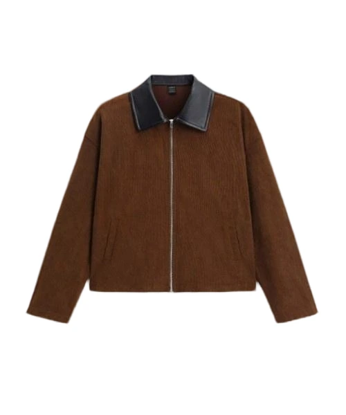 Women Casual Dolman Loose Zip-Up Jumbo Cord With PU Collar Jacket 1