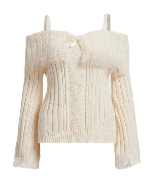 Contrast Lace Cold Shoulder Sweater, School,Long Sleeve Tops 1