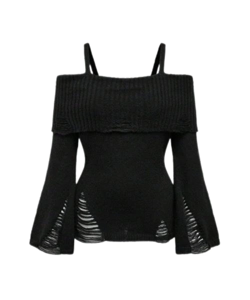 Goth Fashionable Punk Dark Style Distressed Design Waist Wrap Exposed Shoulder Sweater 1