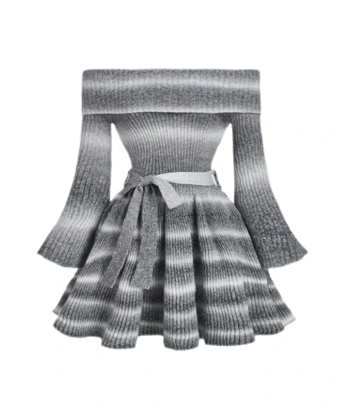 グレーオンブルオフショルダーフレアスリーブニットセータードレス、バレリーナ&カレッジスタイル、Y2k、新年の女性の服装 1
