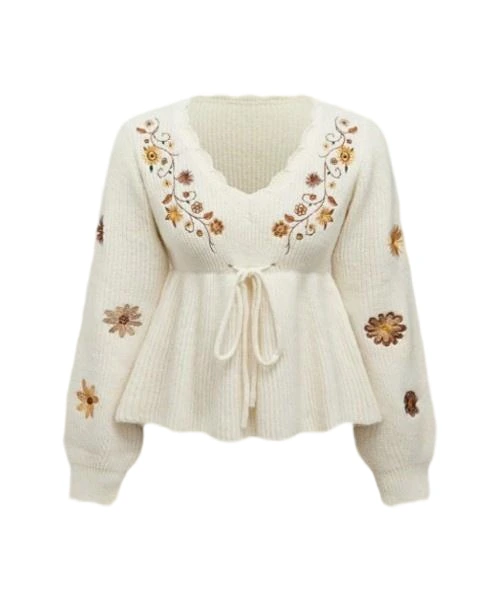Boho Floral Embroidered Drawstring Waist Sweater 1
