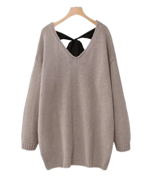 Women Plus Size Plain Knitted V-Neck Thick Yarn Loose Fit Casual Pullover Sweater With Back Ribbon Ties, For AutumnWinter 1