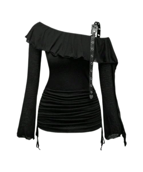 Estilo Blusa de cintura fruncida con cuello asimétrico y cuello con volantes de color sólido para mujer 1