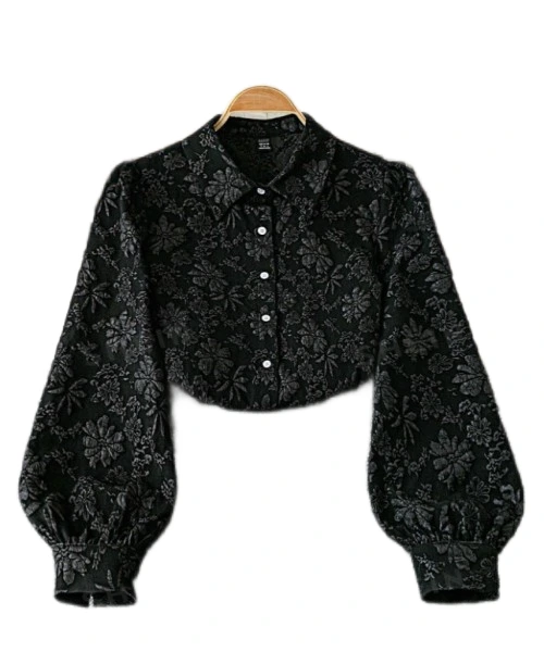 Blusa elegante de manga farol de jacquard floral de color sólido para mujer, camisa de mujer de otoño 1