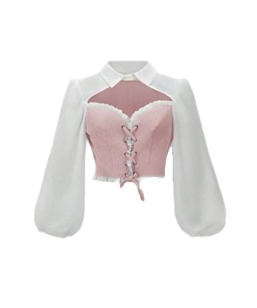 Women's Color Block Gauze Lantern Sleeve Shirt With Tie Detail 1