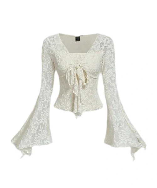 Apricot Romantic & Elegant Front Tie Blouse, Cute T-Shirt For Women, AutumnWinter Hollowed Costumes Women Outfit Pirate Top Princess Women Costume Going Out Tops 1