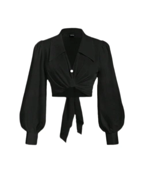 Blusa de mujer con cuello, mangas abullonadas, lazo cruzado en la espalda y detalle de lazo 1