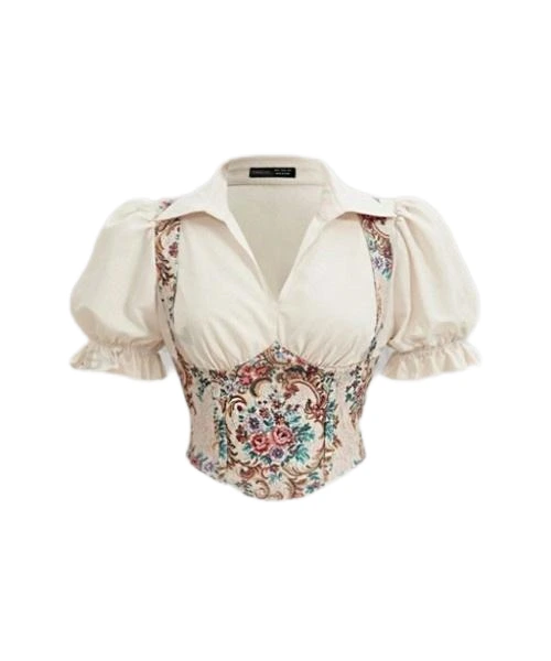 Court Inspired Print Patchwork 2 In 1 Puff Sleeve Shirt 1