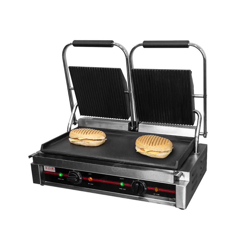Grill à panini commercial avec plaques supérieures rainurées et plaques inférieures plates (PG-2SC) 1