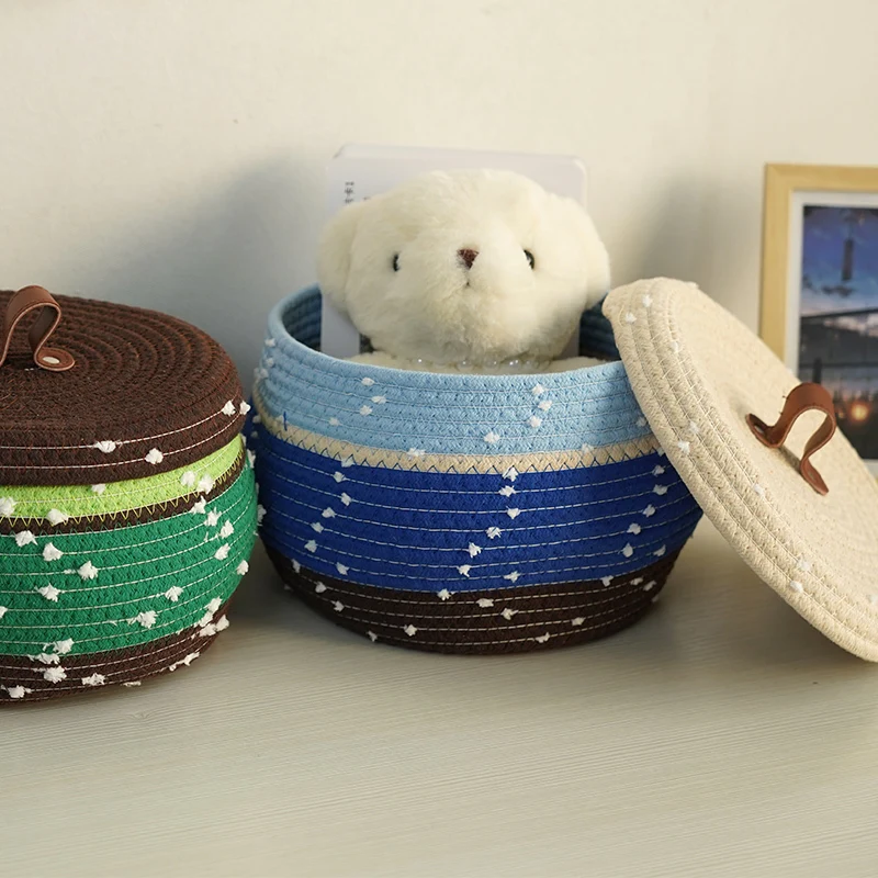 Cotton Rope Basket basket body with white points decoration   basket body with matching color design     cover design with a leather handle 1