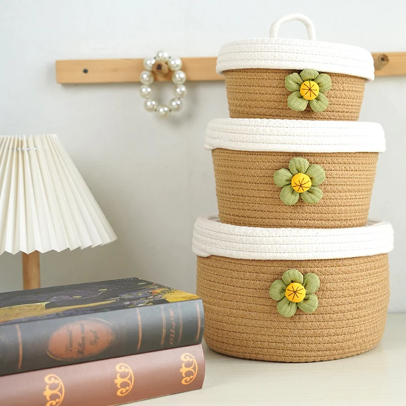 Cotton Rope Basket white cover with handle design    brown basket body with green Daisy pattern decoration 1