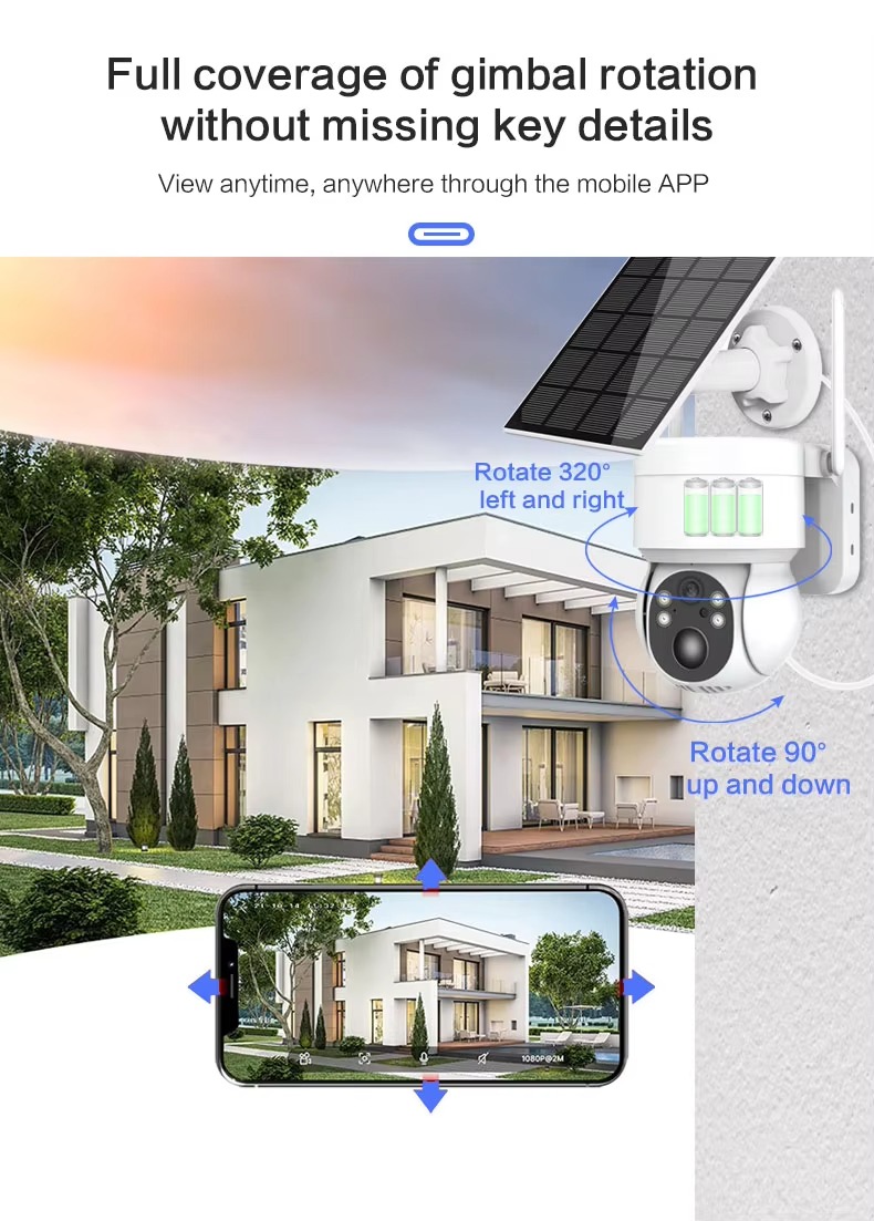 Caméra de vidéosurveillance solaire extérieure bidirectionnelle intelligente PTZ 3MP 2