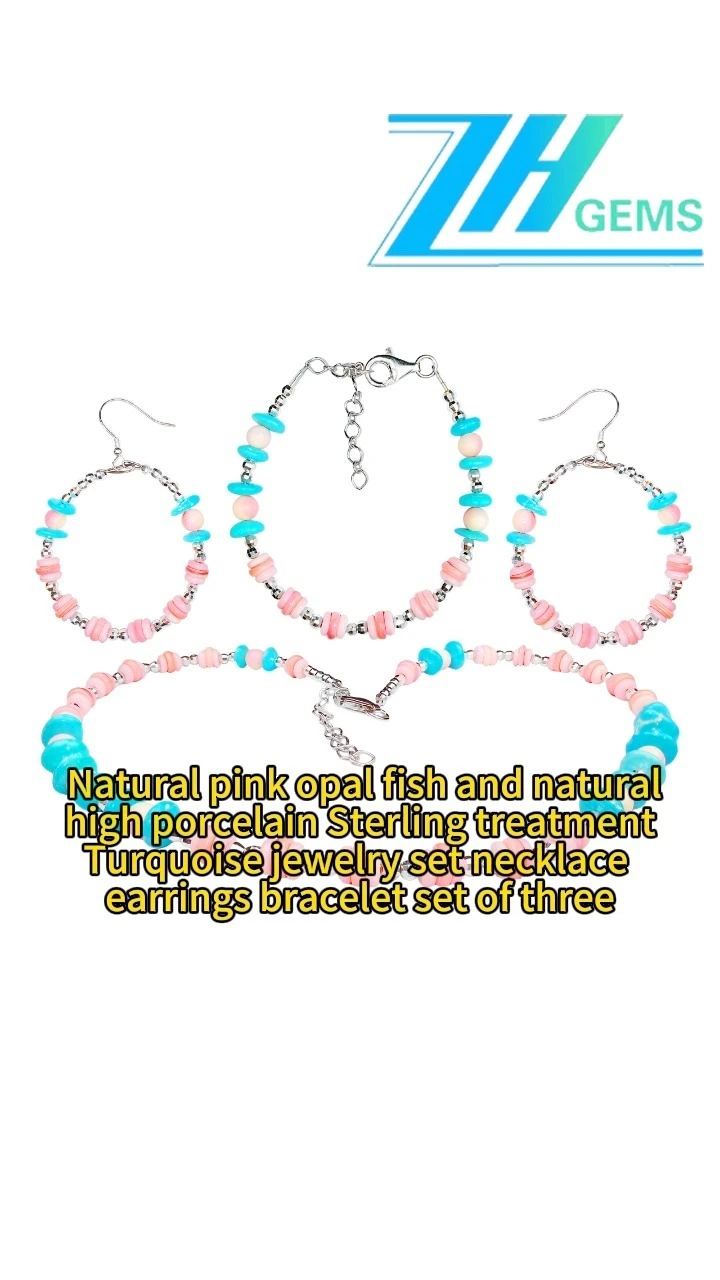 Natural Pink Opal Fish And Natural High Porcelain Turquoise Jewelry Set Necklace Earrings Bracelet Set Of Three 1