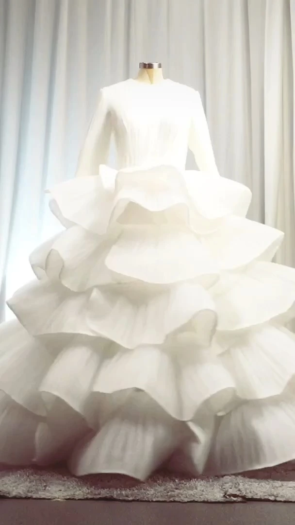 RSW2103 Royal Couture Uzun Kollu Katmanlı Pileli Ruffles Prenses Moda Mütevazı Gelin Gelinlik 1