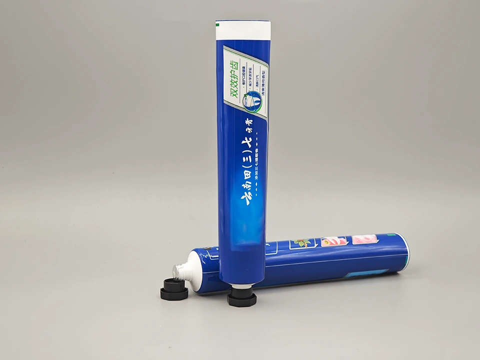 Aluminiumplastikzahnpastatube blaues glänzendes Ende schwarze Achteckkappe Zahnpastaverpackung 1