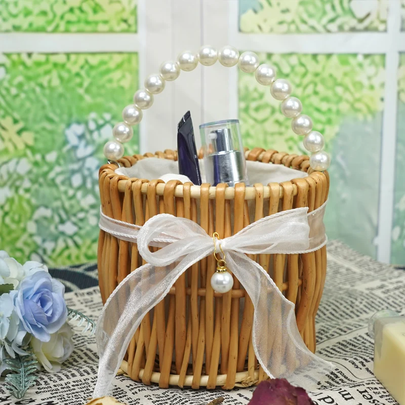 Willow Handbag Cylindrical Shape and Stor Capacity Short Pearls Håndter Bags krop med snørebue Knot og en perle 1