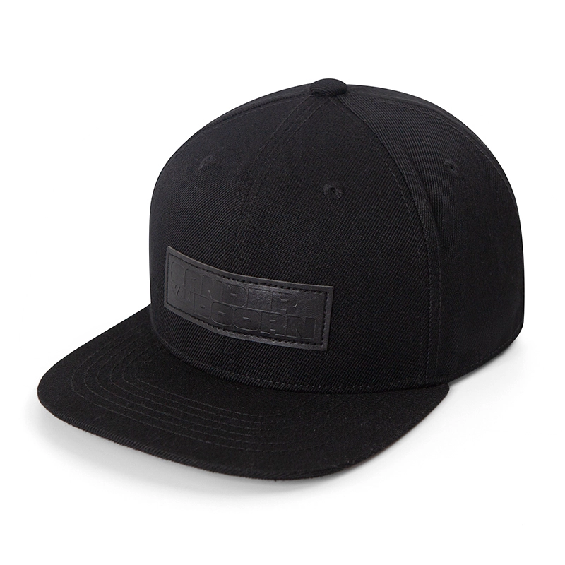 Schwarzes Leder -Etikett Cotton 6 Panel Strukturierte verstellbare Snapbackhut 1