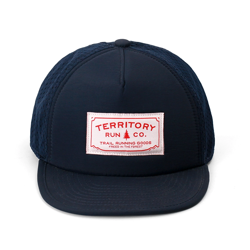 athletic flat brim Laser cut mesh 5 panel foam Trucker Baseball Cap 1